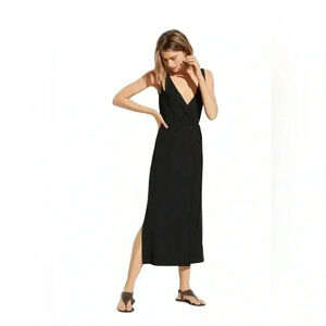 Vince V Neck Jersey Wrap Tie Sleeveless Comfy Soft Black Maxi Dress Women Sz XS